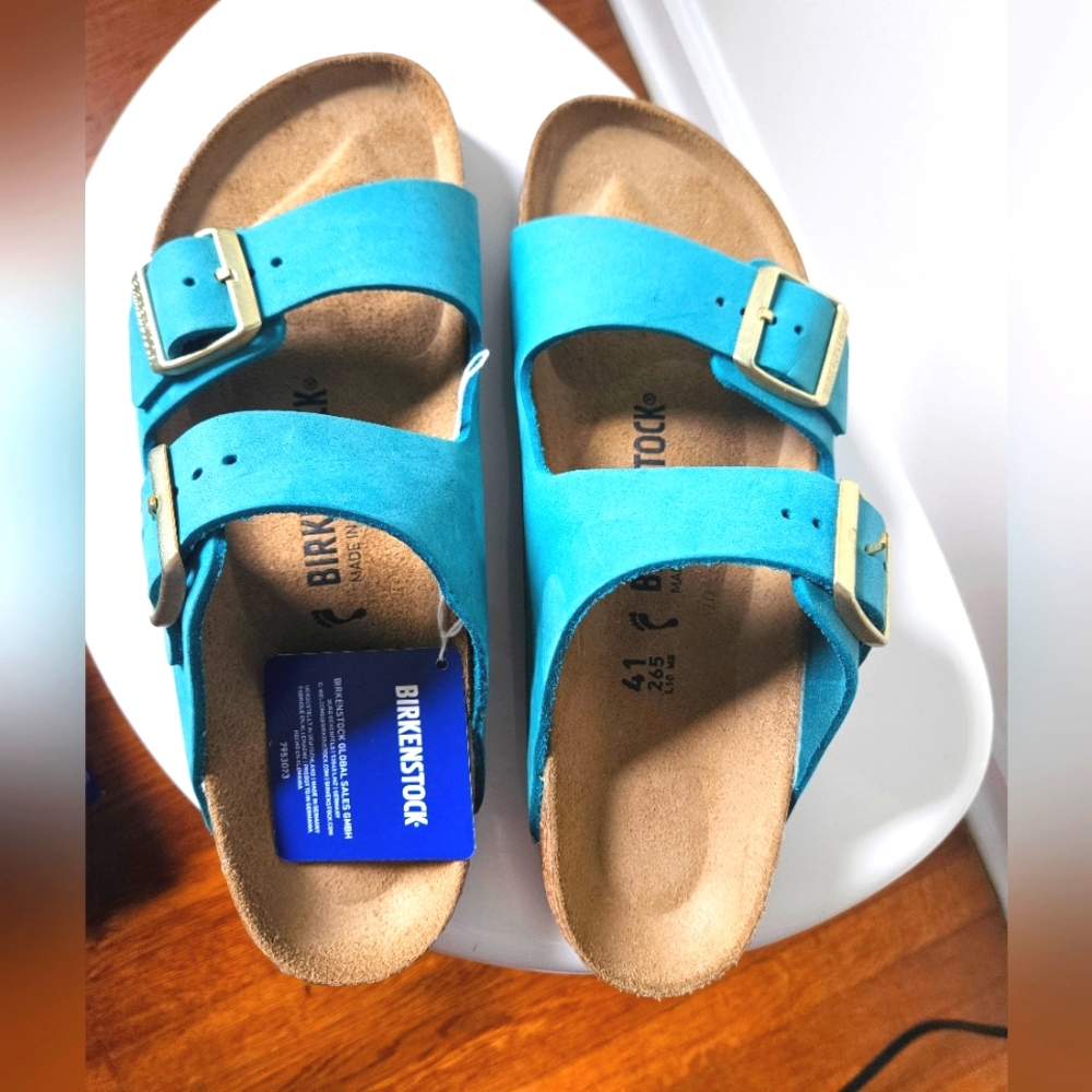 Turquoise Arizona sandal with gold buckle size 41 Birkenstock